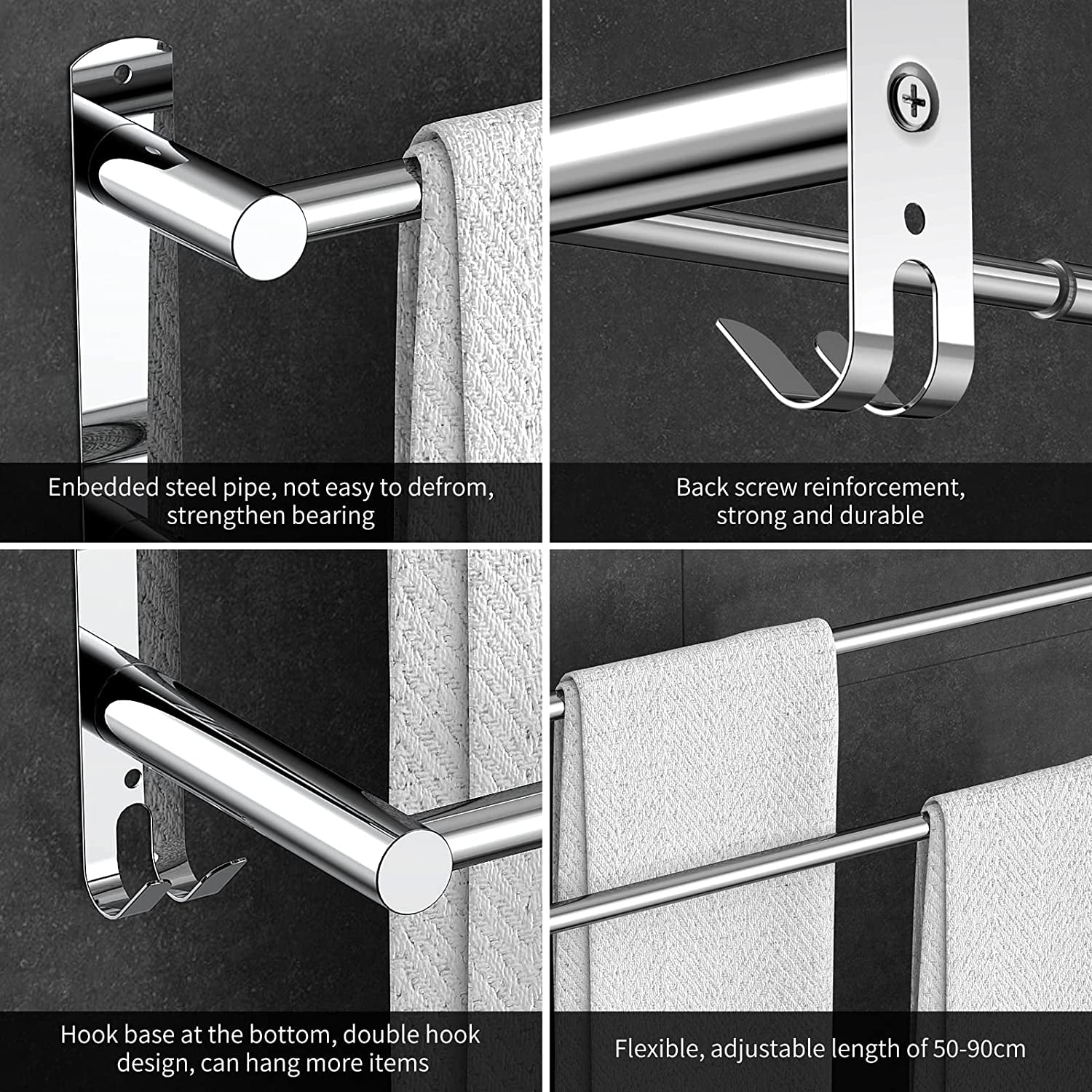 Stretchable 45-75 Cm(17-30 Inches) Towel Bar for Bathroom Kitchen Hand Towel Holder Dish Cloths Hanger SUS304 Stainless Steel RUSTPROOF Wall Mount No Drill Sdjustable (Two BAR)