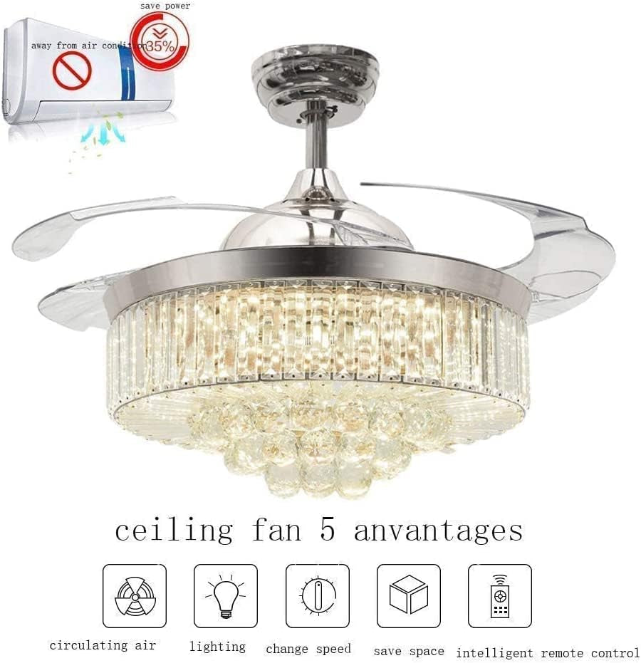Reversible Retractable Ceiling Fans with LED Light and Remote, 42 Inch Invisible Ceiling Fan Chandelier with 4 Clear ABS Blades, Bedroom Fandelier Indoor Crystal Ceiling Light Kits with Fans (Chrome)