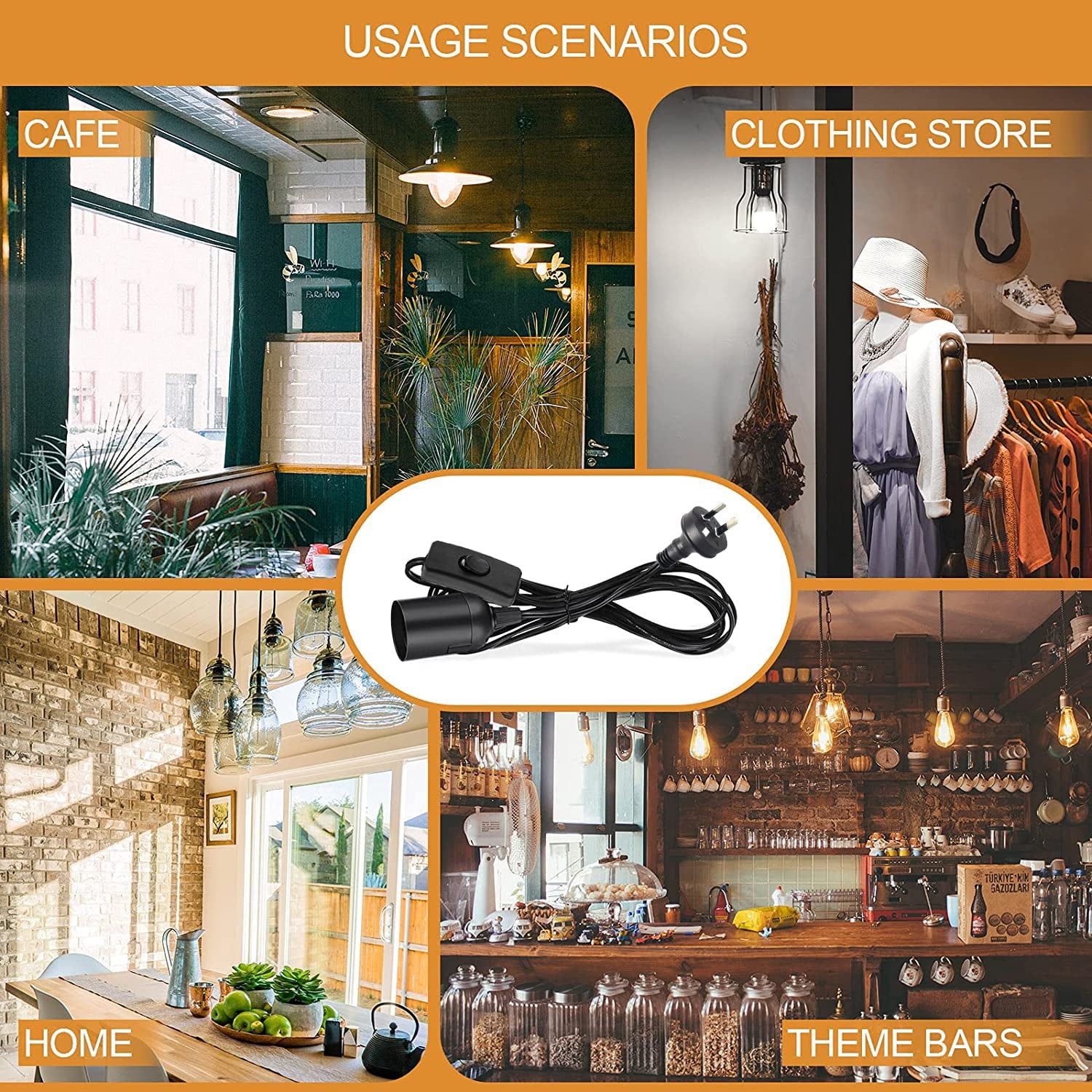 E27 Cable Cord with Switch, 1.8M Extension Hanging Lantern Cord Cable, E27 Lamp Base Bulb Holder Socket On/Off Switch & AU AC Power Plug Pendant Lighting, for Kitchen Bedroom Plant Growth Light (Black)