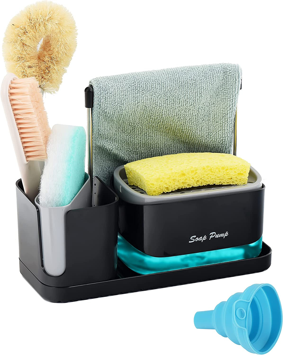 Kitchen Sink Organiser Caddy Set with Soap Pump Dispenser, Sponge Holder, Rack & Dish Brush Holder, Kitchen Storage Organizer Gadgets
