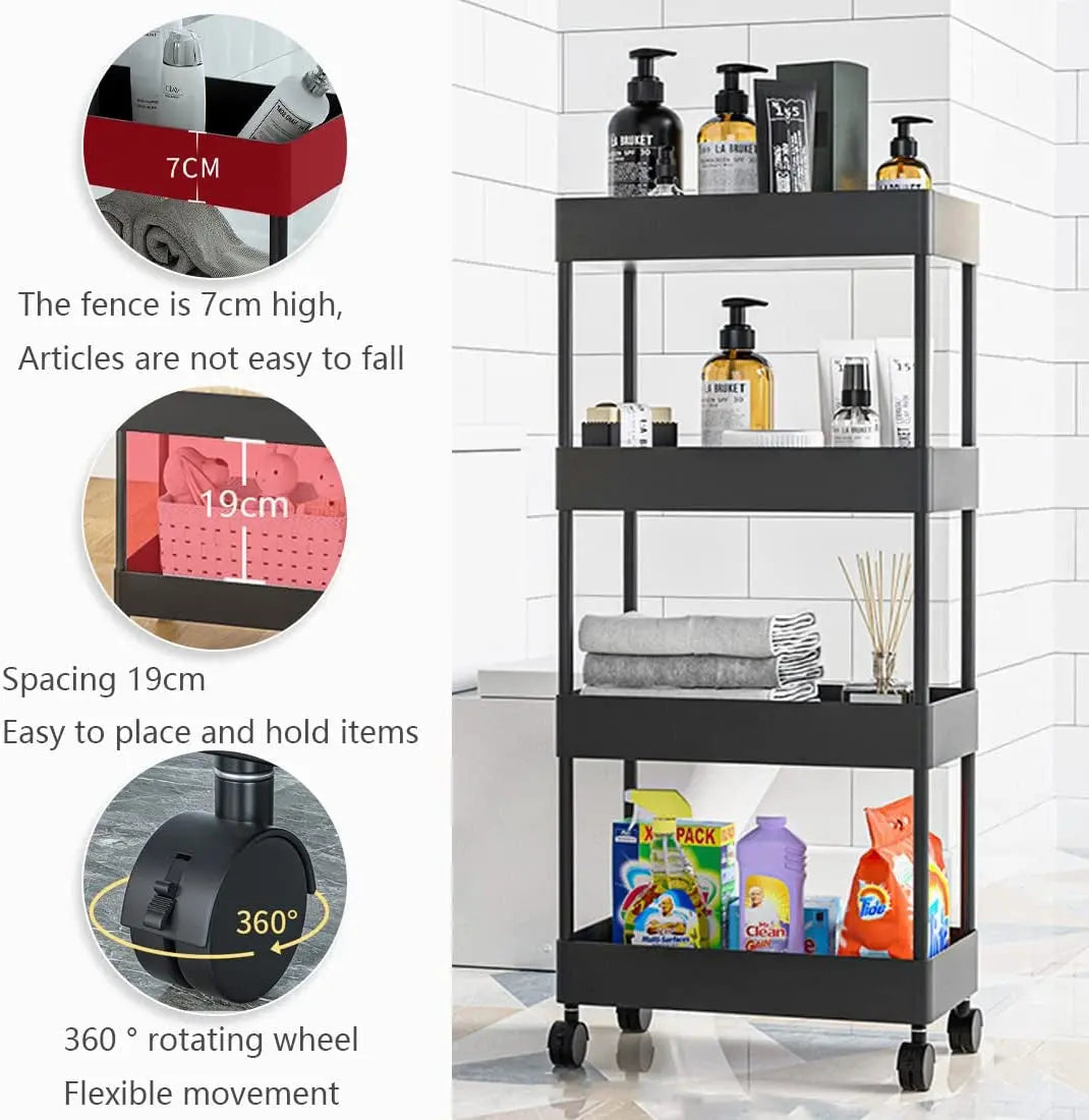 Slim Storage Cart with Wheels, 4 Tier Bathroom Storage Organizer Rolling Utility Cart Mobile Shelving Unit for Bathroom Kitchen Laundry Room Office Narrow Place (Black)