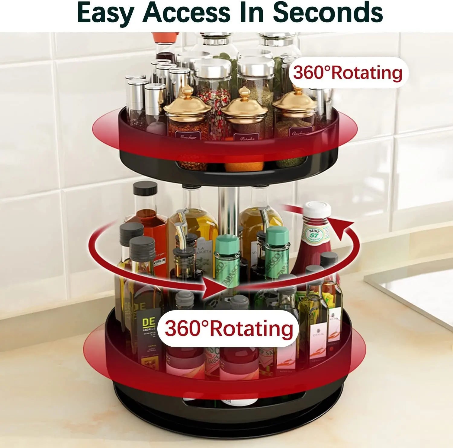 2 Tier Lazy Susan 360° Turntable Kitchen Spice Storage Organizer Rack, Height Adjustable Rotating Tray for Kitchen Cabinet Pantry Bathroom, Condiments Storage Rack