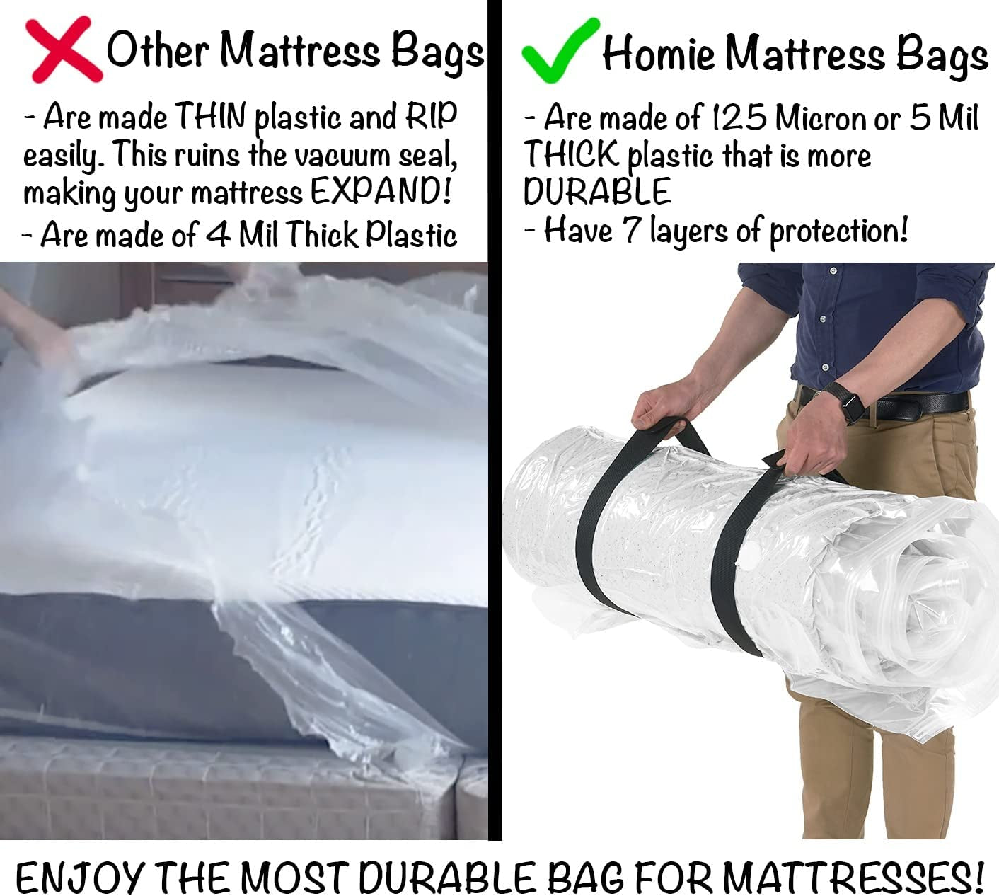 Mattress Vacuum Bag, Sealable Bag for Memory Foam or Inner Spring Mattresses, Compression and Storage for Moving and Returns, Leakproof Valve and Double Zip Seal (Queen/Full/Full-Xl)