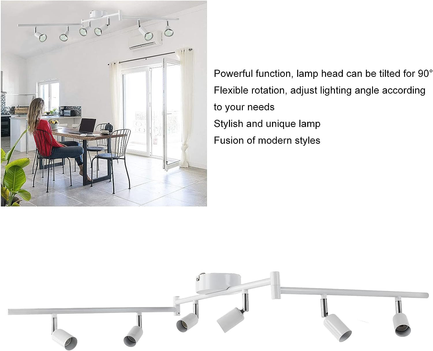 6 Way Ceiling Spotlight GU10 Base Socket, Track Lighting Kit Rotatable Lamp Head, Can Be Tilted 90°, Adjustable Lighting Angle, for Showrooms, Exhibition Halls, Museums, Cafes, Restaurants(White)