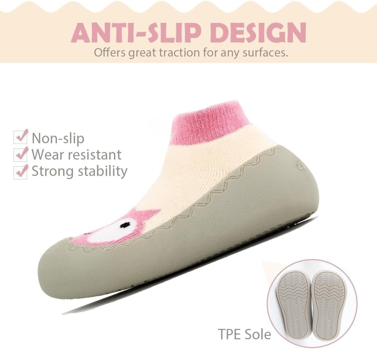 Non-Slip Baby Toddler Sock Shoes, Ultra-Lightweight Cotton Baby First Walking Shoes Slipper Shoes with Soft Rubber Sole Unisex Non-Skid Indoor Outdoor Floor Slipper Kid Girls Boys Socks Boots