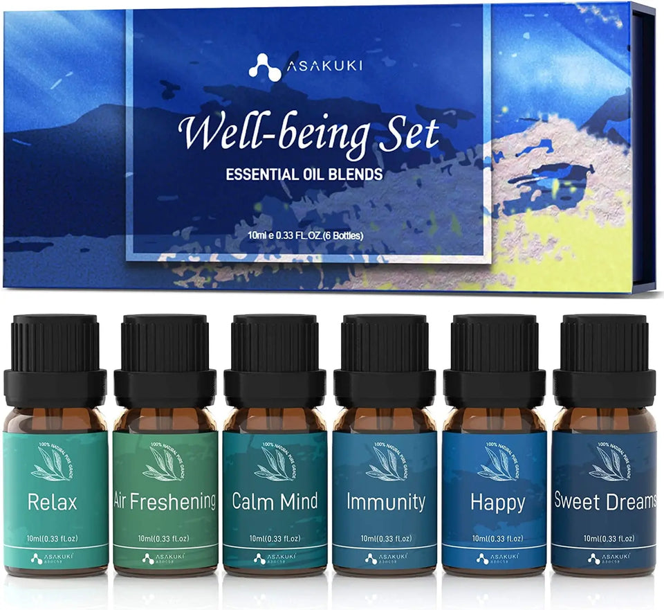 Essential Oils Blends Well-Being Gift Set of 6 X 10Ml Theraputic Grade Aromatherapy Oils for Sleep, Breathe, Calm, Stress&Anxiety Relief, Immune Defence, Happy Ideal for Diffusers Humidifiers