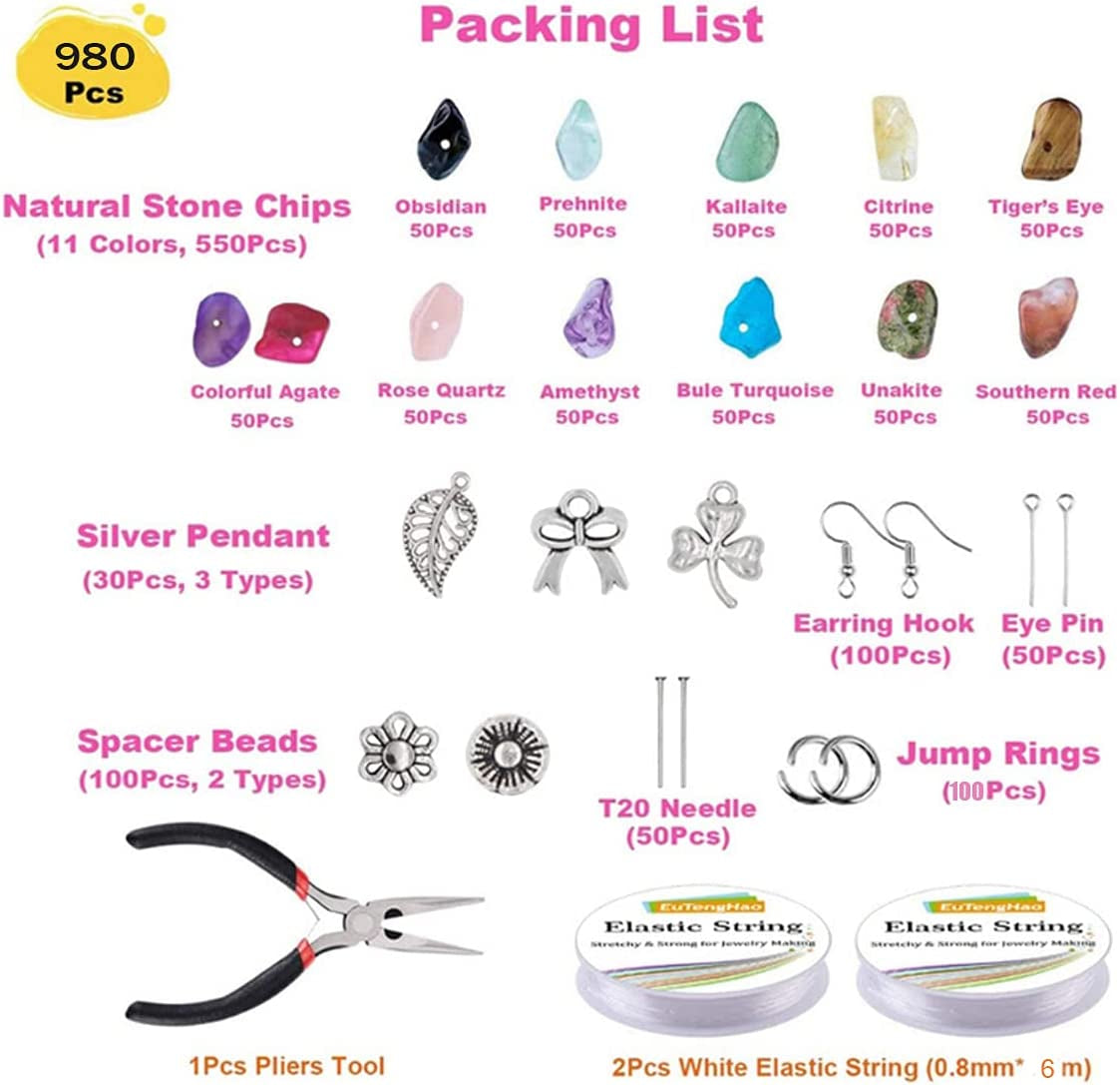 Gemstone Beads Kit 960 Pcs Crystal Jewellery Making Kit 15 Colors Irregular Natural Chips Stone Beads with Earring Hooks, Jump Rings, Pendants Charms for Earring, Necklace, Bracelet and Jewelry Making