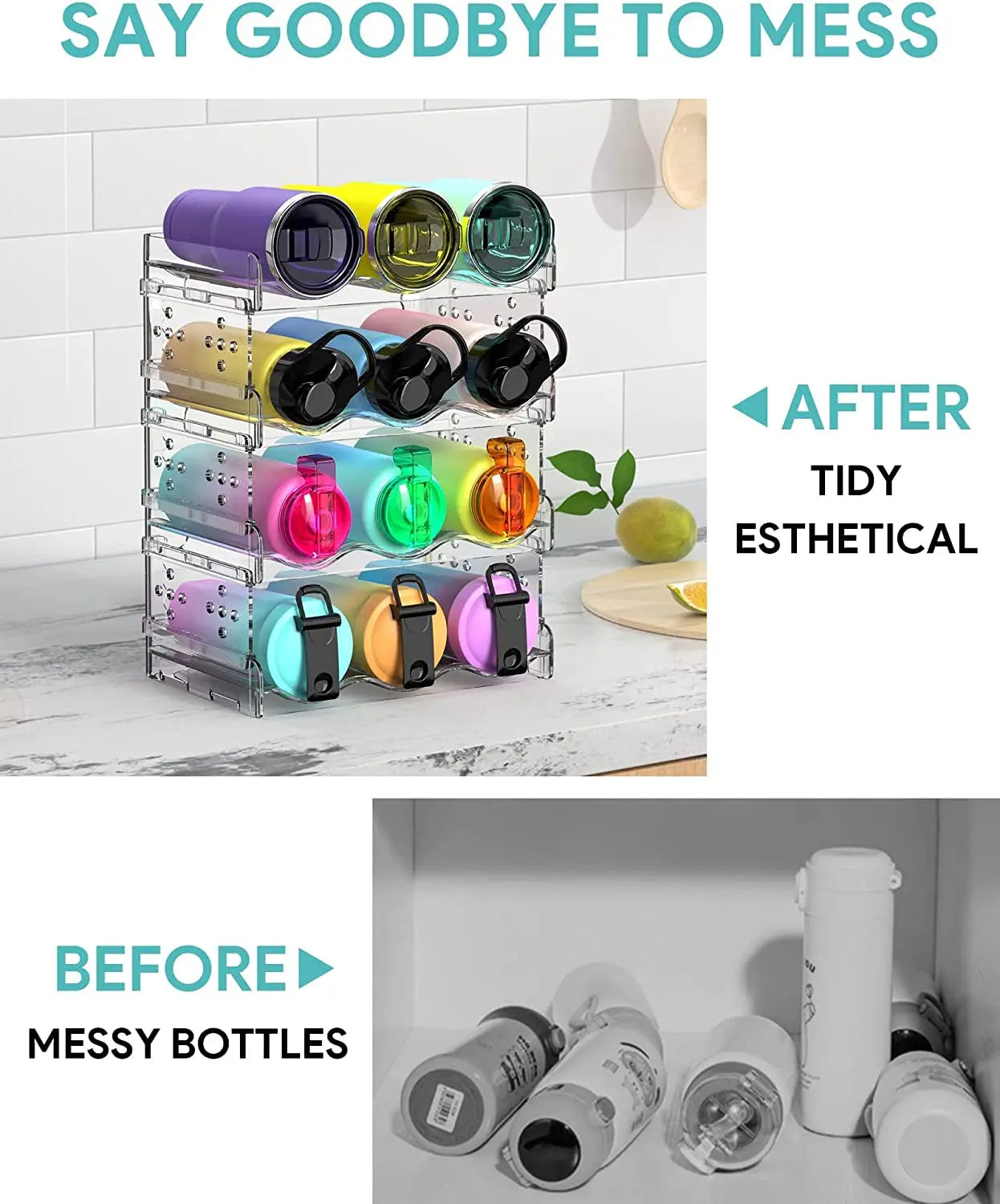 Water Bottle Organiser, Water Bottle Holder Plastic Stackable Water Bottle Storage Rack for Kitchen Cabinets, Countertop, Pantry Storage and Fridge, Free-Standing Tumbler Kitchen Storage Holder for Wine and Drink Bottles (4 Pack)