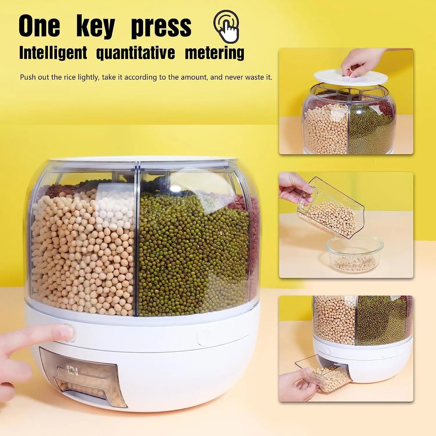 Gingersun 6In1 Rotating Grain Dispenser, 6 Compartment 360° Rotating Rice Storage Cereal Container Box Kitchen Food Divided Case with Measure Cup, 8KG Capacity