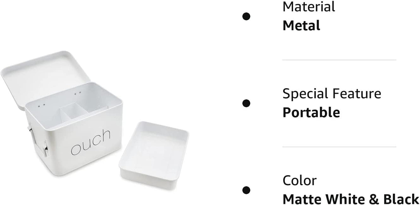 Organizational Divided Metal Tin Caddy with Hinged Lid & Removable Tray, Storage Box for First Aid, Medicine and Pharmacy Items, Bandages, Toiletries, Bathroom Supplies - Matte White & Black