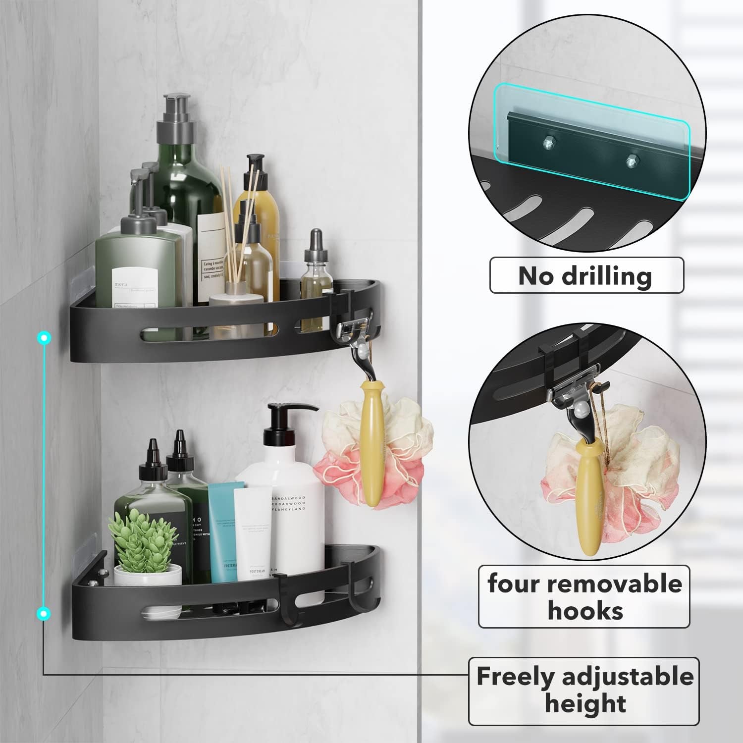 2 Pack Shower Caddy Bathroom Organiser Accessories Bath Products Bath Caddy with Self Adhesive Hanging Shower Shelf Coner Rack for Bathroom Storage with 4 Removable Hooks, Aluminum Black