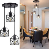 Vintage Pendant Light, 3-Light Adjustable Hanging Pendant Lights Fixture with Cage Shade, Industrial Design Pendant Lamp for Kitchen/Dining Room/Hallway, E27 Base Black