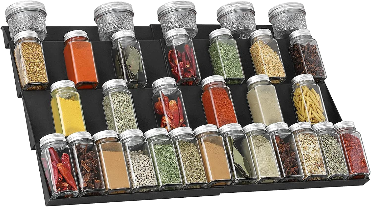 Spice Rack, Spice Drawer Organizer for Kitchen Drawer Cabinets- Adjustable 4 Slanted Tier Spice Storage Organizer Insert for Drawer Kitchen, Expands 12"To 23-1/4"W, 2 Pack Black
