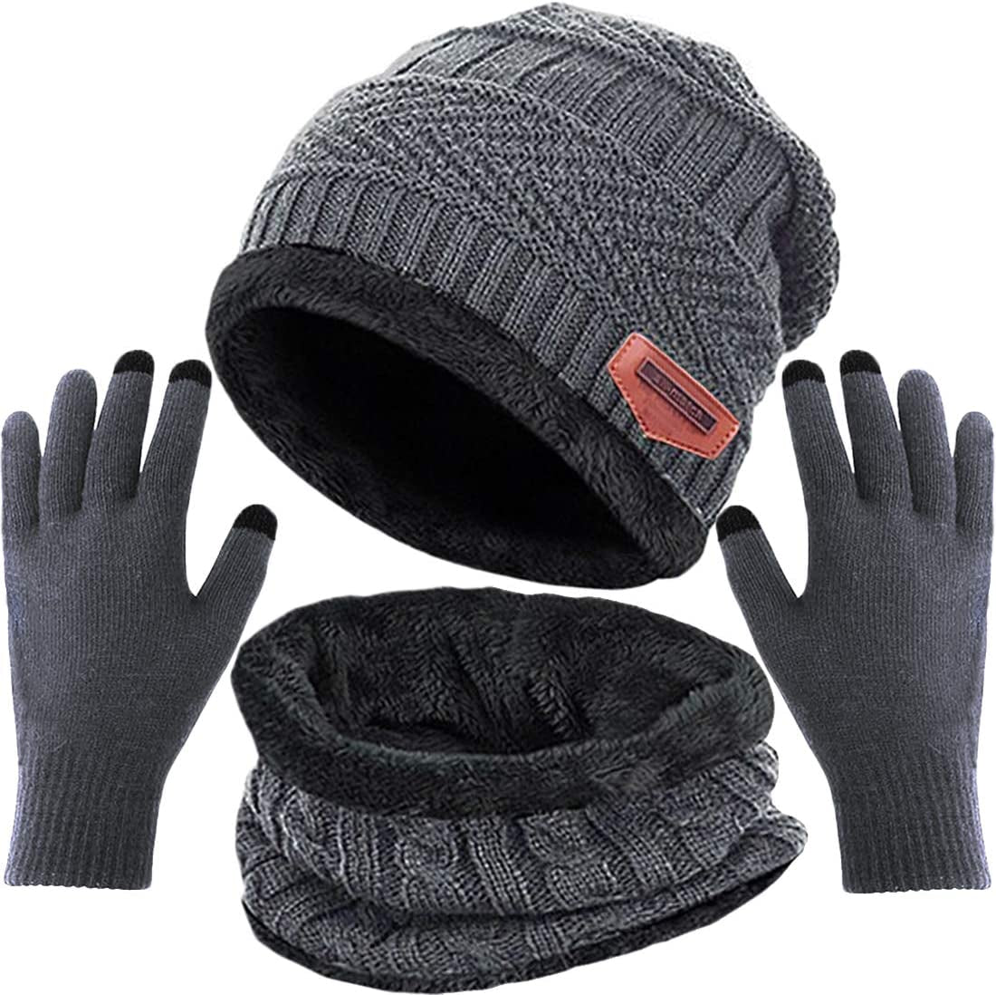 Beanie Hat Scarf and Touchscreen Gloves Set for Men & Women Stretch Warm Fleece Lining Cap(2Pcs / 3Pcs)