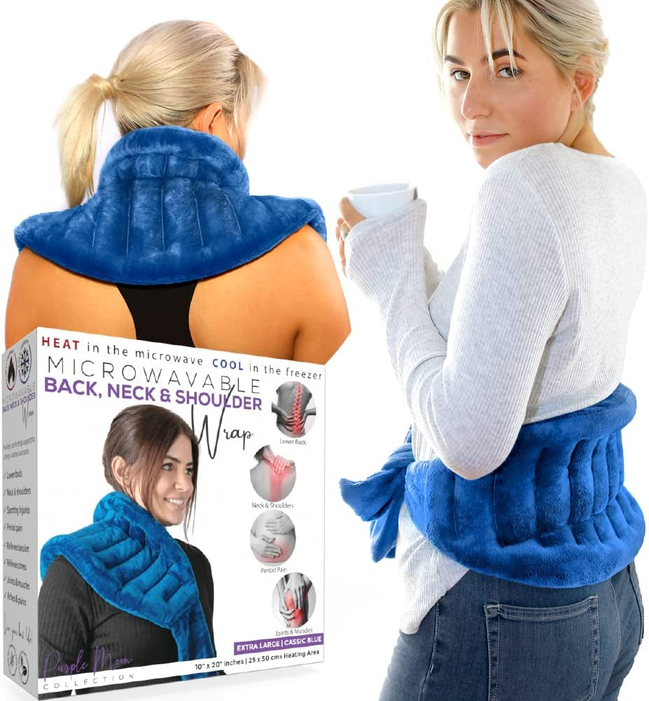 XL Microwave Heat Pack for Neck & Shoulders with a 25X50Cm Heating Area. Longer Ties to Secure In-Place. Flaxseed Wheat Bag for Cramps, Lower Back Pain Relief. Hot/Cold Reusable Heating Pad Blue