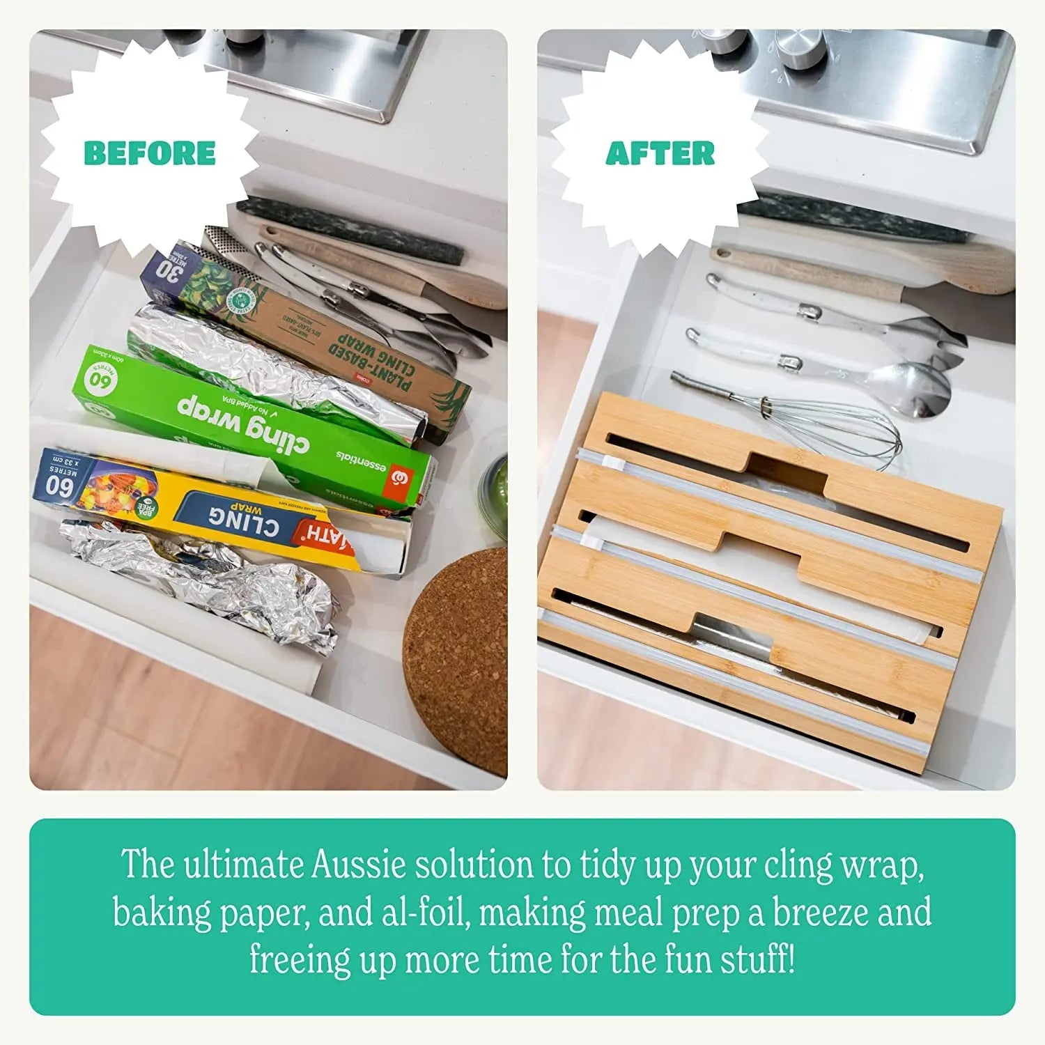 3 in 1 Cling Wrap Organiser (Aussie Sizes) for Kitchen Storage & Organisation, Cling Wrap Dispenser with Cutter for Drawer, Pantry Organiser Fits Aluminium Foil, Baking Paper, Plastic Wrap 33Cm Roll