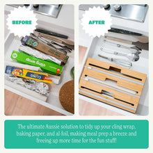 Load image into Gallery viewer, 3 in 1 Cling Wrap Organiser (Aussie Sizes) for Kitchen Storage &amp; Organisation, Cling Wrap Dispenser with Cutter for Drawer, Pantry Organiser Fits Aluminium Foil, Baking Paper, Plastic Wrap 33Cm Roll
