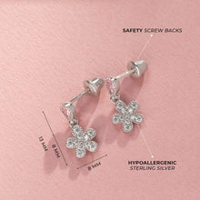 Load image into Gallery viewer, 925 Sterling Silver Clear Pink CZ Teardrop Flower Dangle Screw Back Earrings Girls
