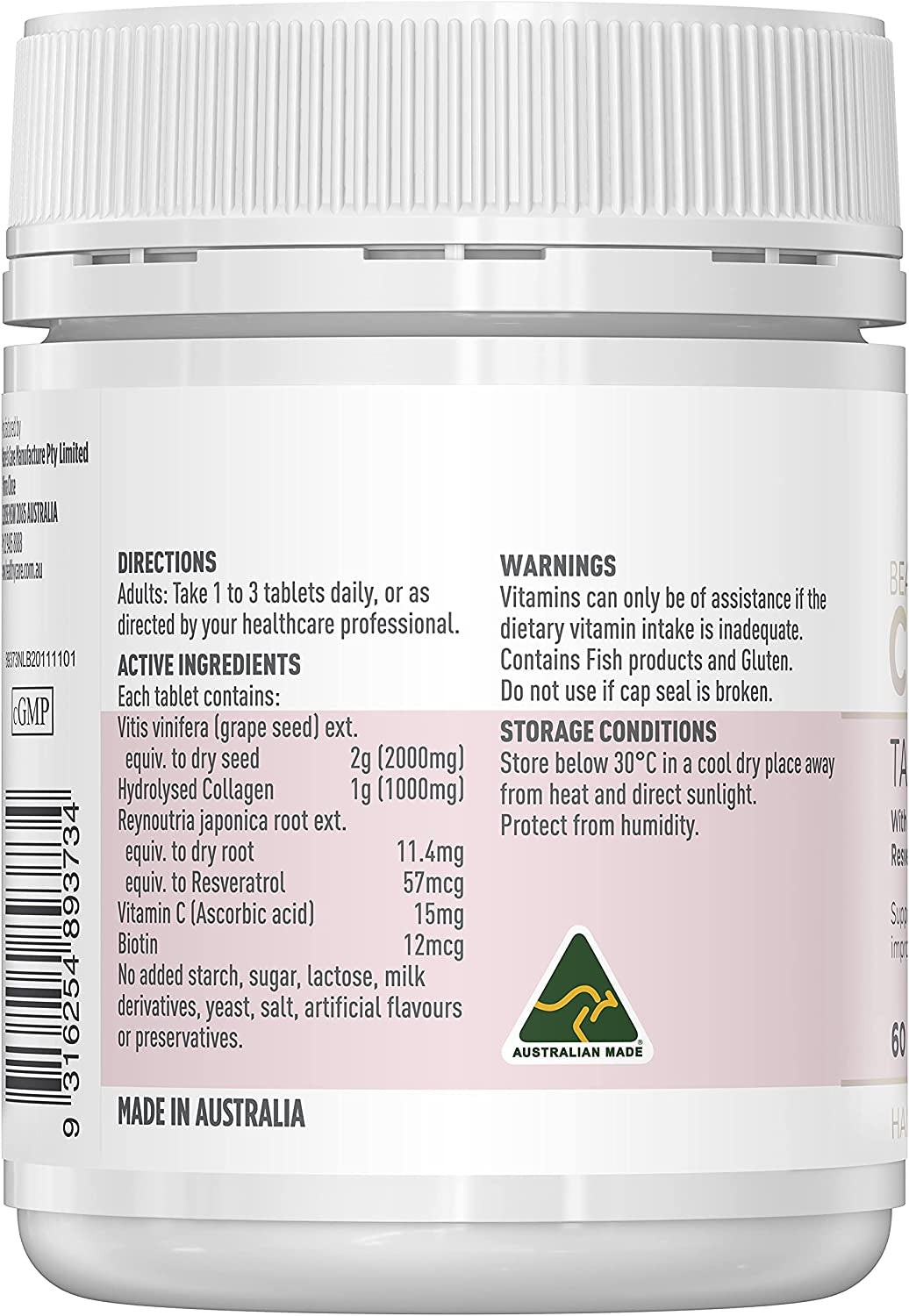 Beauty Collagen - 60 Tablets | with Bioactive Collagen Peptides, Biotin, Resveratrol, Grapeseed and Vitamin C