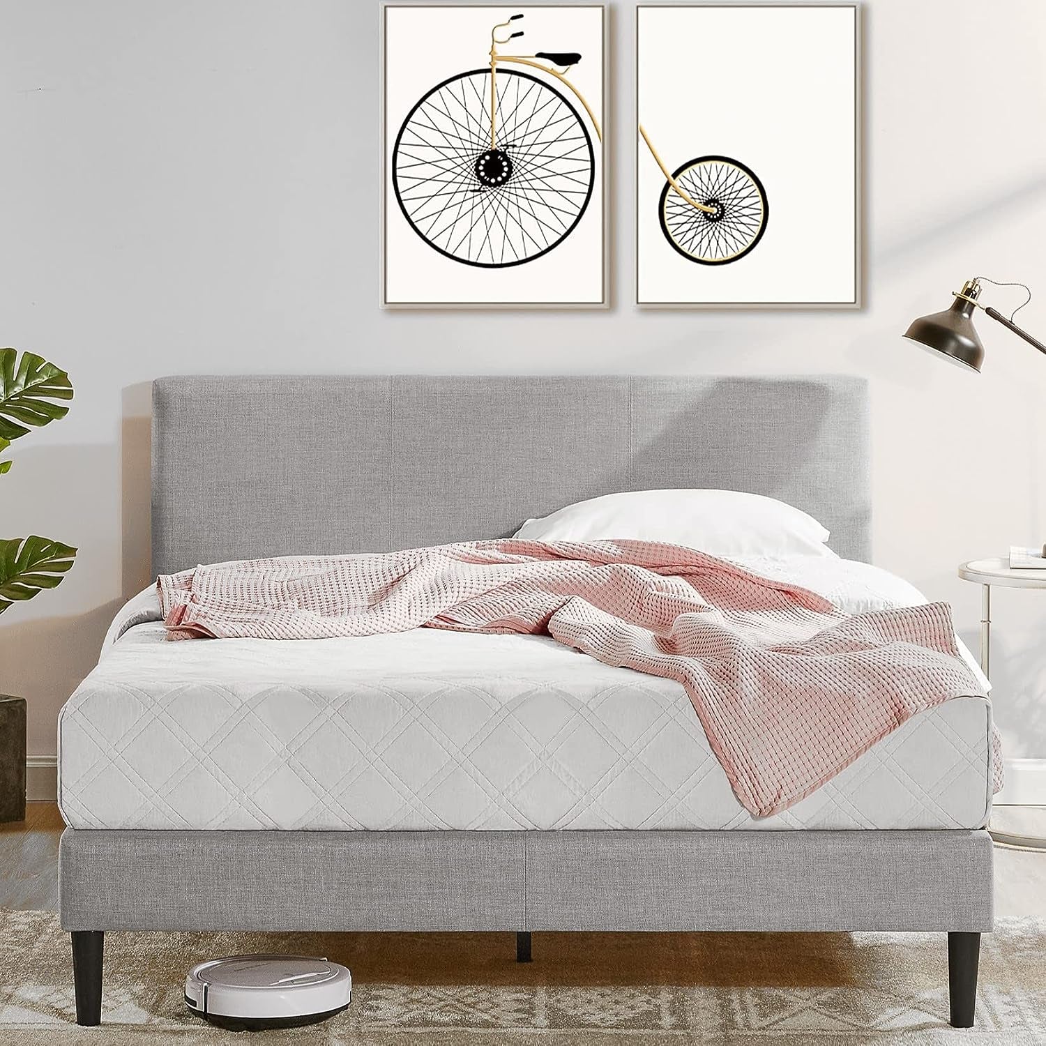 Queen Bed Frame Fabric Upholstered Platform Bed Base, Light Grey