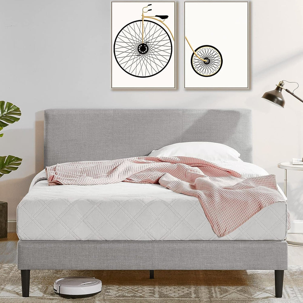 Queen Bed Frame Fabric Upholstered Platform Bed Base, Light Grey