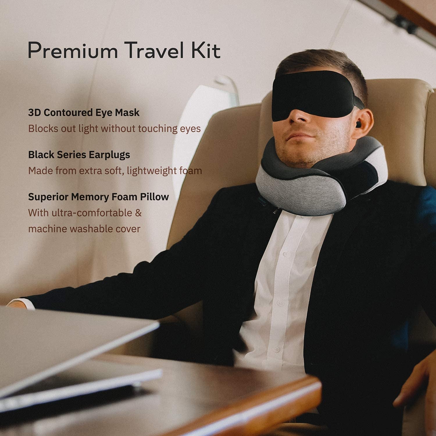 Travel Pillow 100% Pure Memory Foam Neck Pillow, Pillows for Sleeping, Car and Airplane Travel Essentials, Travel Kit with 3D Contoured Eye Masks, Earplugs and Luxury Mesh Bag (Grey)
