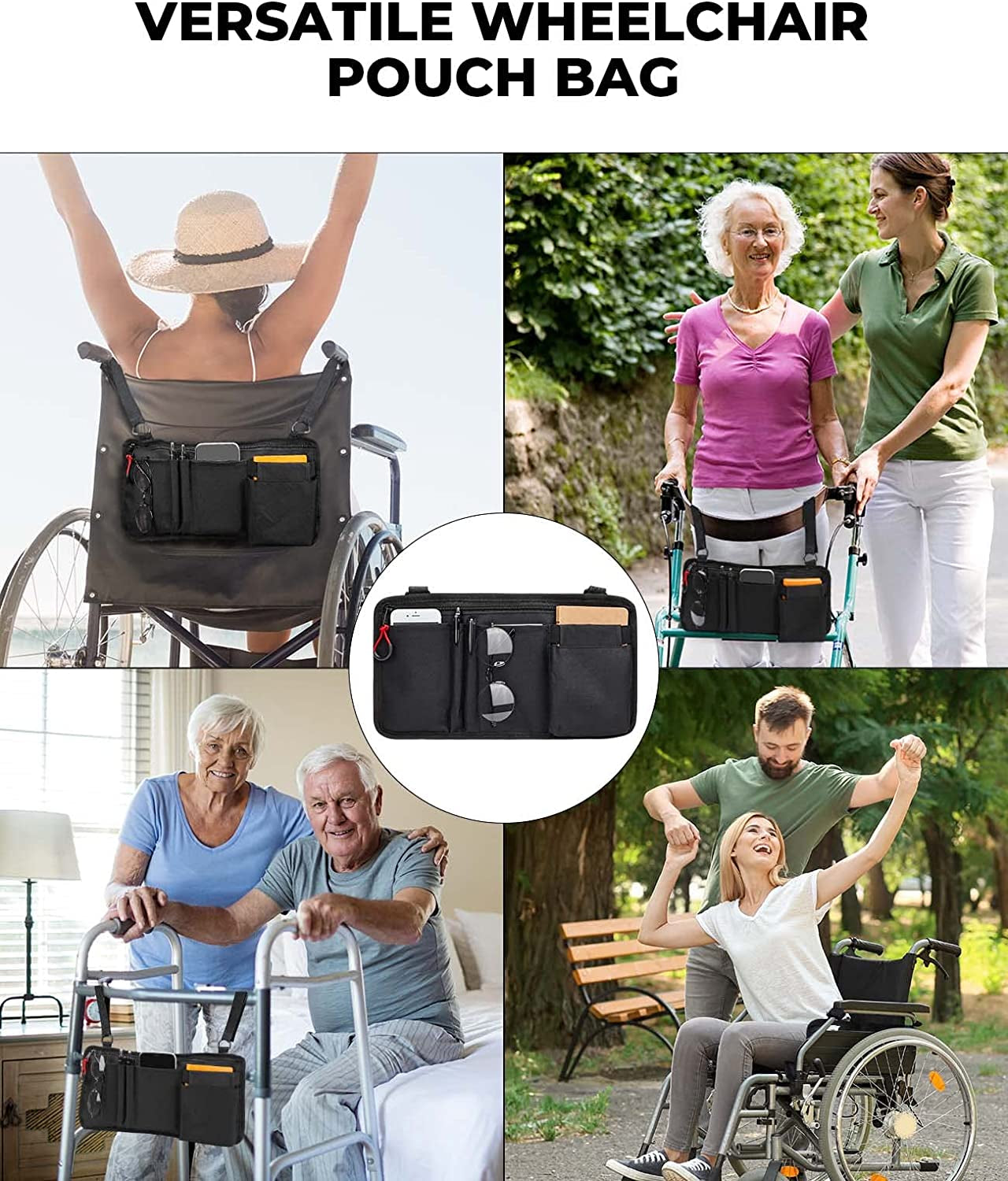 Wheelchair Pouch Bag for Walker, Rollator Walker Bags for Armrest Organizer Wheelchair, Wheelchair Side Pouch with 5 Pocket, Walker Accessories Bag with Cup Pocket