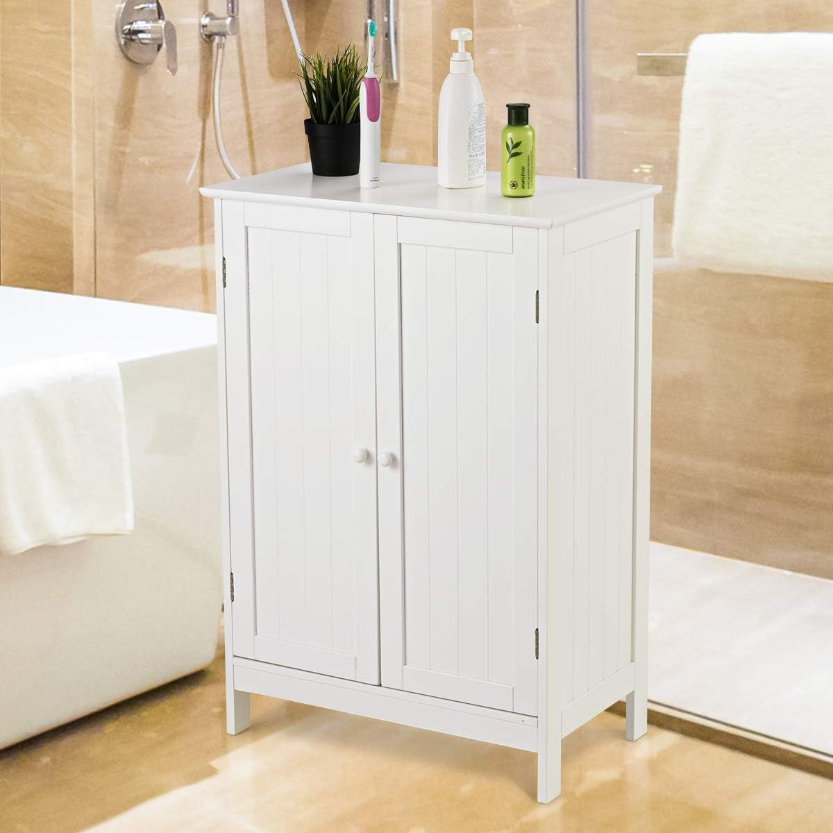 Bathroom Floor Cabinet W/Double Doors, Floor Storage Cabinet W/Shelf, Free Standing Toilet Storage Unit, Laundry Cupboard, Entryway Utility Organizer Cabinet for Bathroom, Kitchen (White)