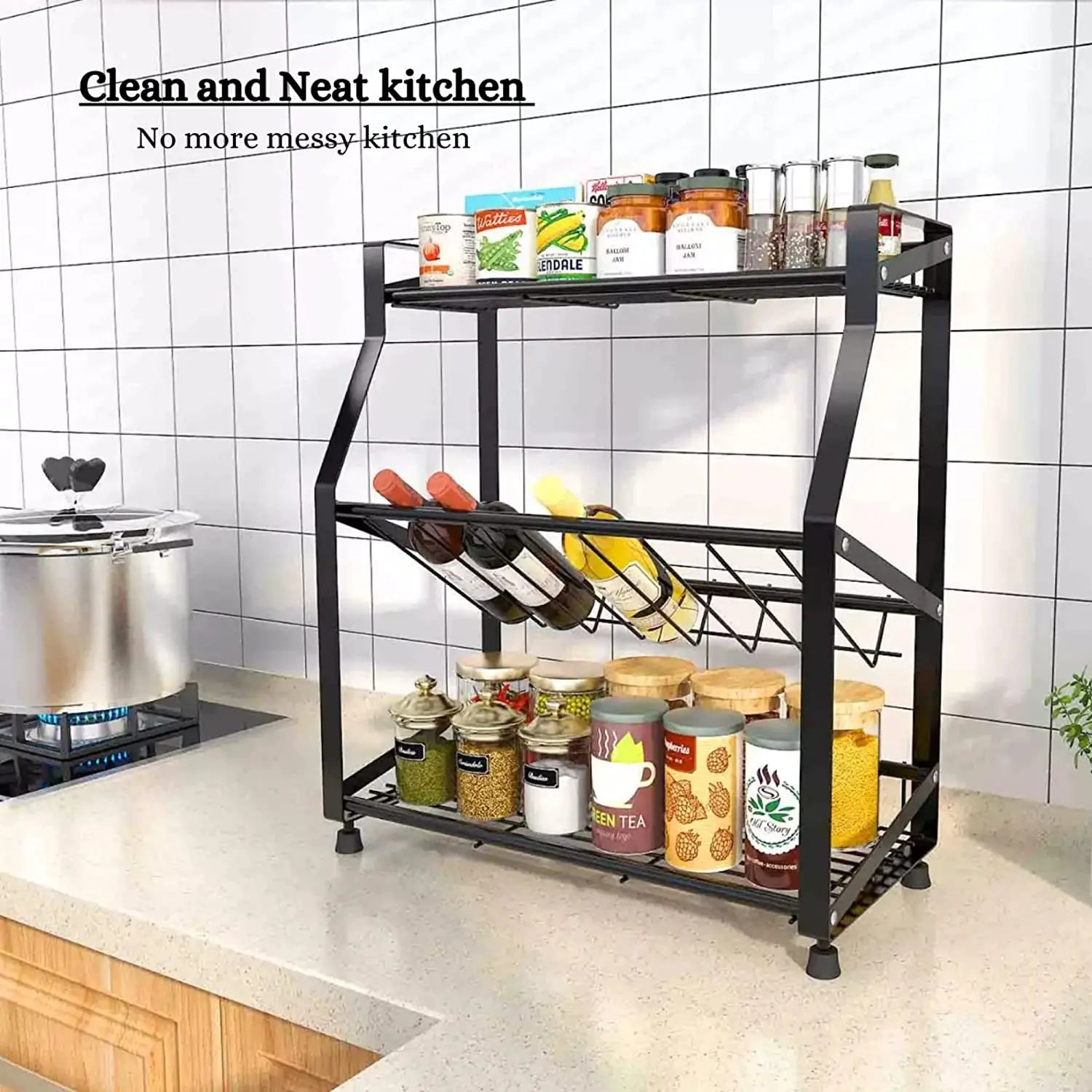 Countertop Shelf Organizer- Kitchen Storage and Organisation Rack for Spice Jar, Condiments, Olive Oil, Wine Bottle | Living, Study, Bathroom and Pantry Cabinet. (3 Tier)