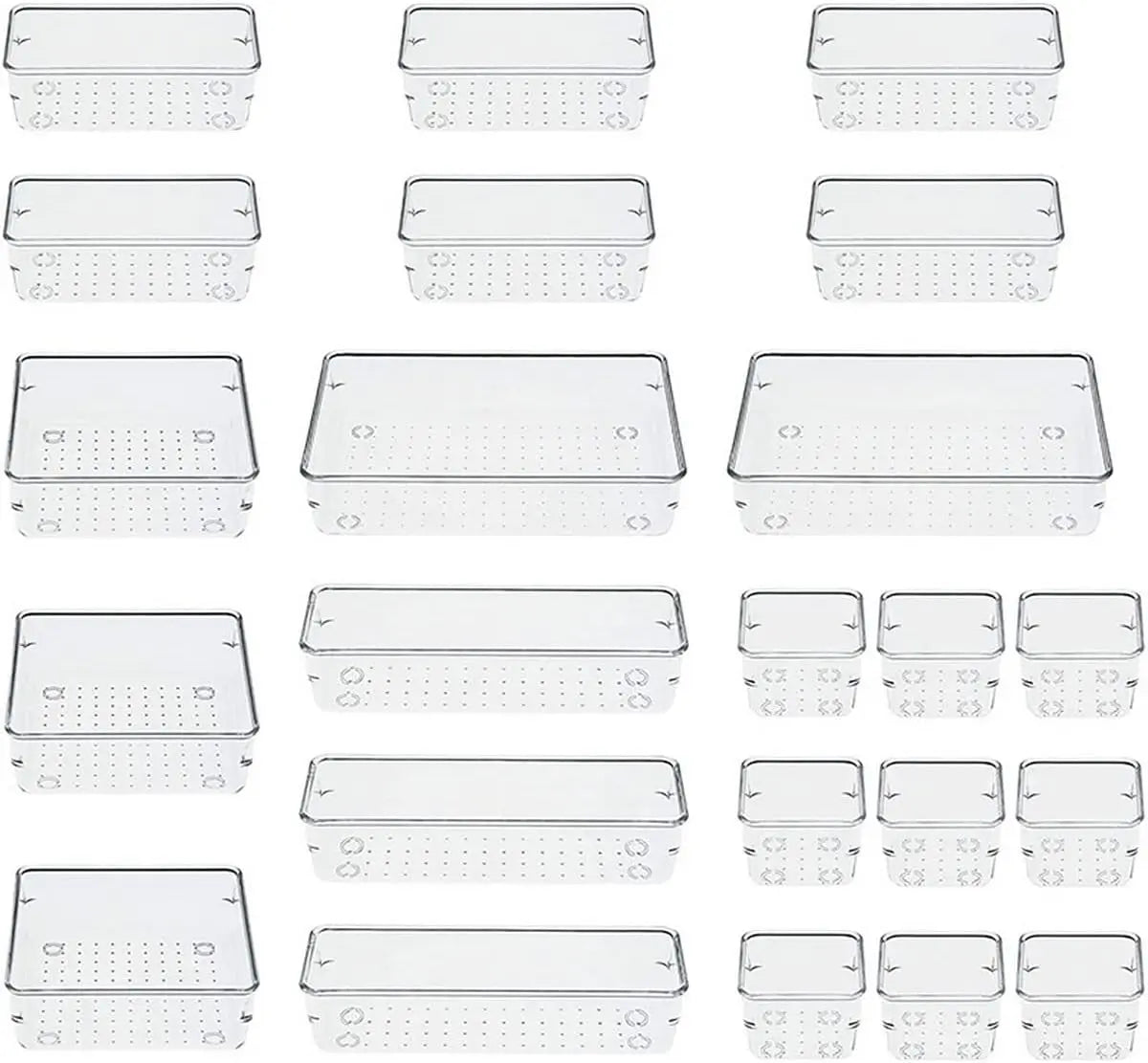 23 PCS Clear Plastic Drawer Organizers Set, 5 Different Size Bathroom and Vanity Drawer Organizer Trays, Storage Bins for Makeup, Jewelries, Kitchen Utensils and Office