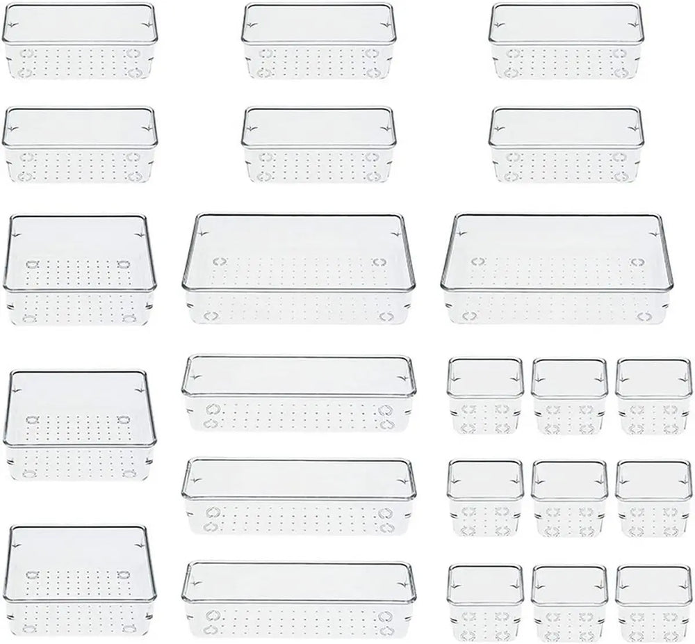 23 PCS Clear Plastic Drawer Organizers Set, 5 Different Size Bathroom and Vanity Drawer Organizer Trays, Storage Bins for Makeup, Jewelries, Kitchen Utensils and Office