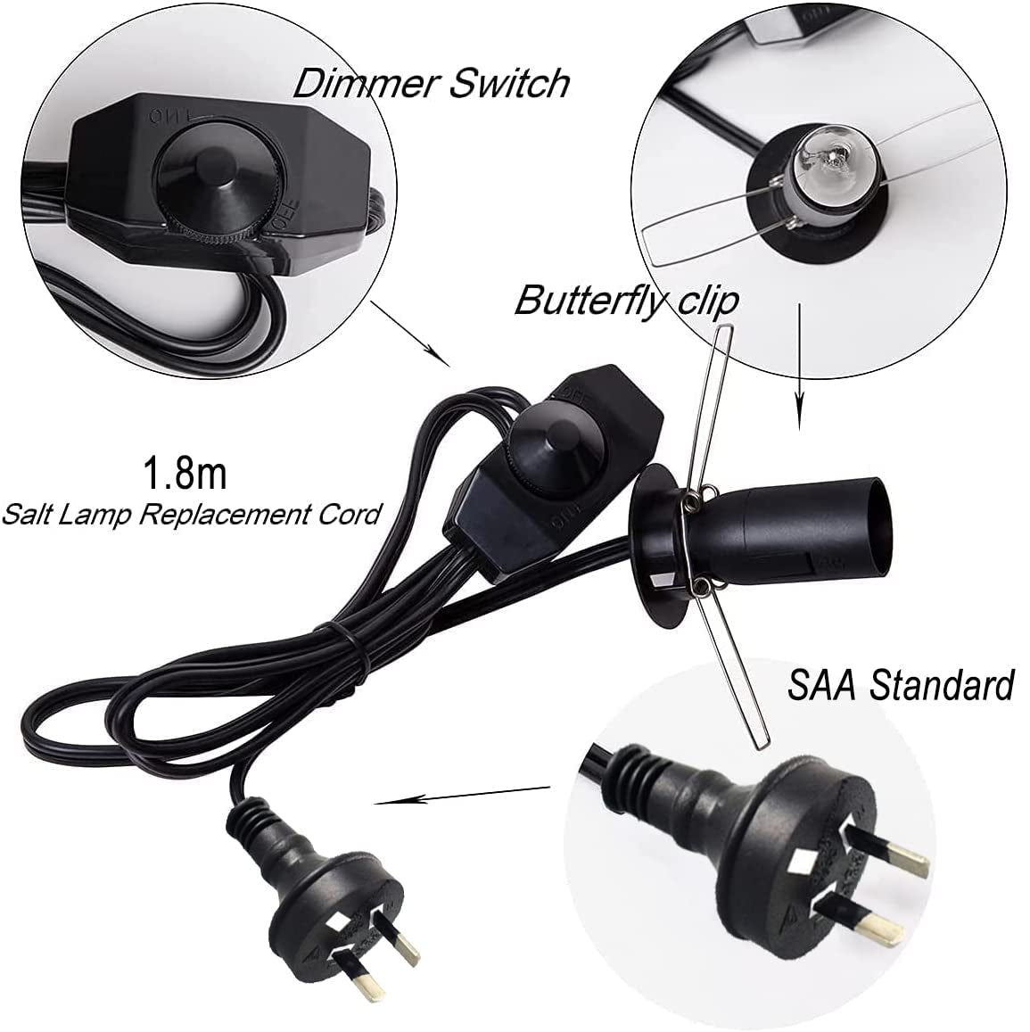 Salt Lamp Cord Replacement with Dimmer Switch and 3 Free Bulbs, Original Replacement Power Cord with Base Assembly E14 Socket & Metal Clip, for All Himalayan Crystal Salt Rock Lamp - 240V SAA Standard