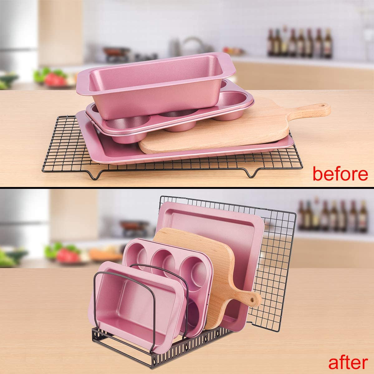 Adjustable Bakeware Rack, 10 Adjustable Compartments, for Pantry or Cabinet, Brown