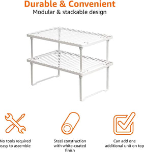 Stackable Metal Kitchen Storage Shelves, Set of 2 - White