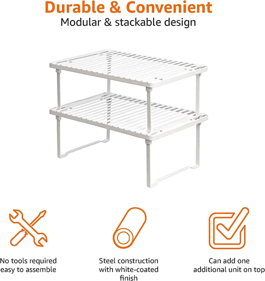 Stackable Metal Kitchen Storage Shelves, Set of 2 - White