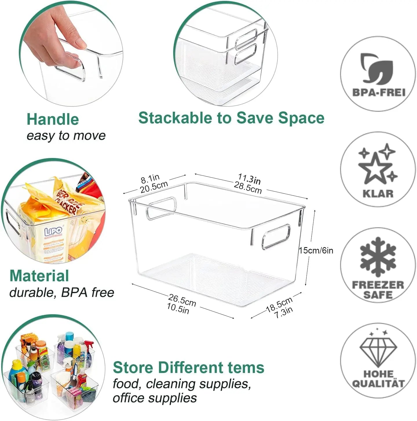Clear Plastic Storage Bins, 4 Pack Perfect Pantry Organizers and Storage Containers Refrigerator Organizer Bins with Handles Kitchen Cabinet Freezer Closet Bathroom Storage Organization