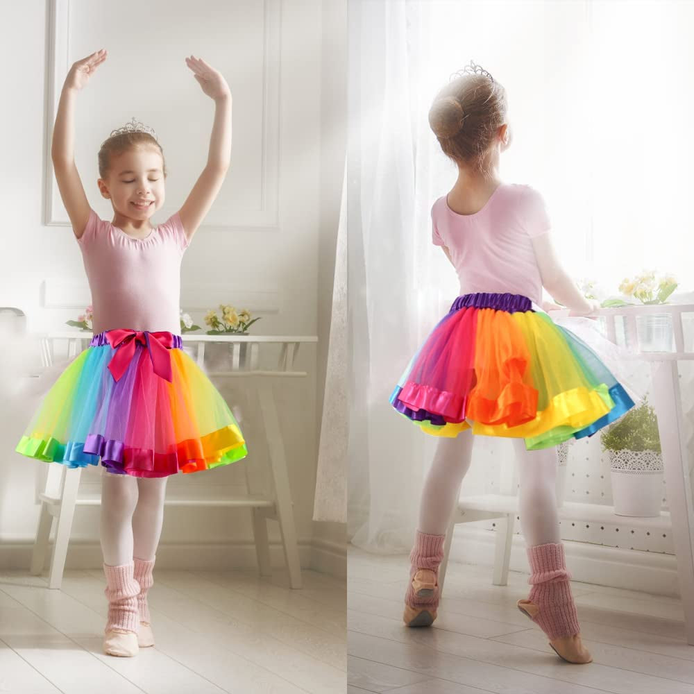 Girl Tutu Skirt, Rainbow Tulle Dress up with Unicorn Headband Baby Girls Ballet Costume for Birthday Party Photography Halloween Children'S Day Outfit for 2-8 Years Kids