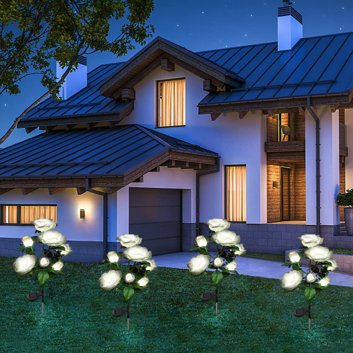Pink Rose Landscape Solar Pathway Lights,14 Flowers 200 Lumens 70Cm Solar Garden Outdoor Waterproof Lights for Patio Yard Pathway Decoration