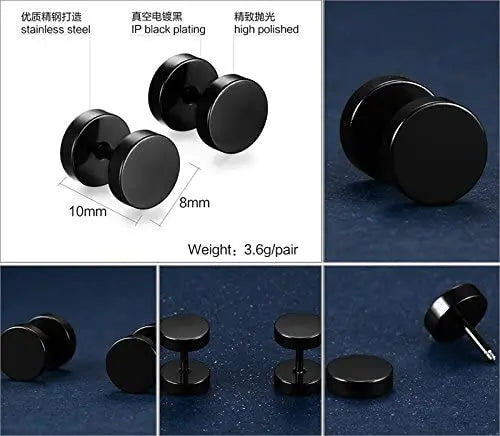 Men, Women 8MM Stainless Steel Barbell Stud Earrings, Ear Piercing Plugs Tunnel Punk Style (Black) pattanaustralia