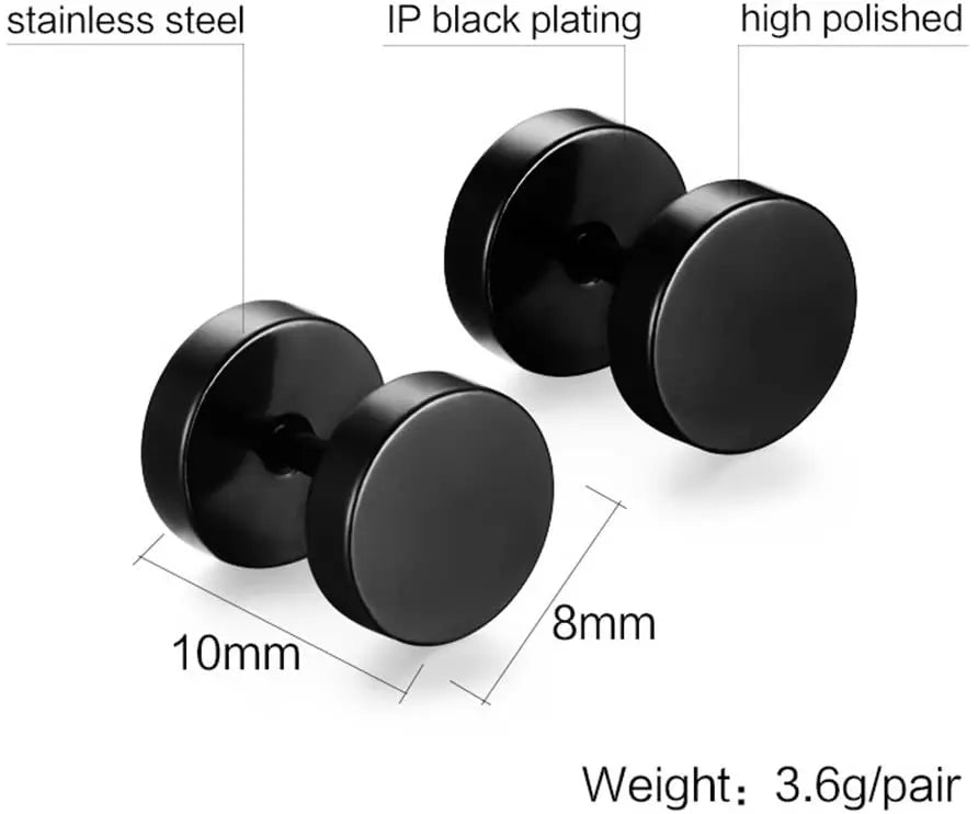 Men, Women 8MM Stainless Steel Barbell Stud Earrings, Ear Piercing Plugs Tunnel Punk Style (Black) pattanaustralia
