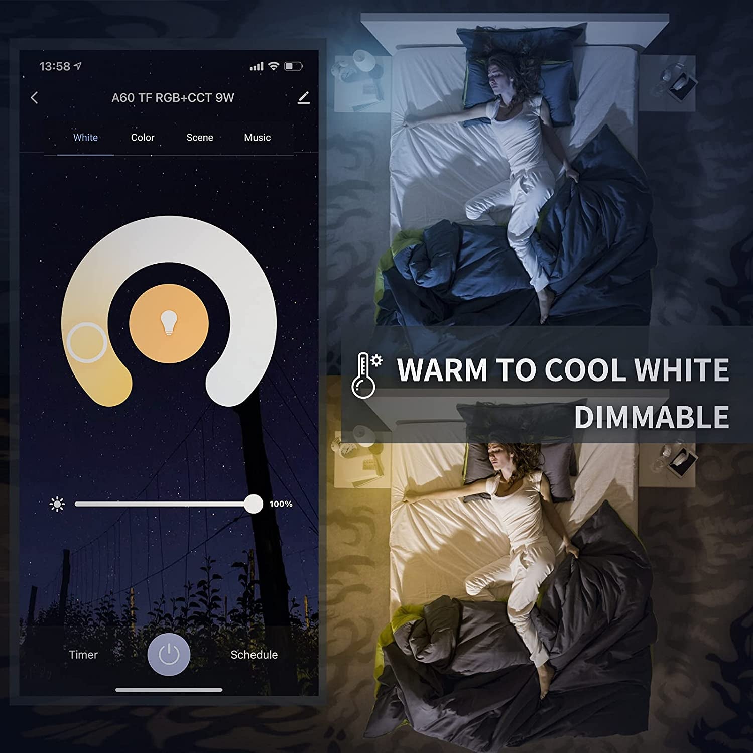 Smart Light Bulbs  E27 A60 9W RGBCW Wifi Light Bulb, Dimmable Led Light, 2.4Ghz Only, Compatible with Alexa ,Google Home No Hub Required (1 Pack)