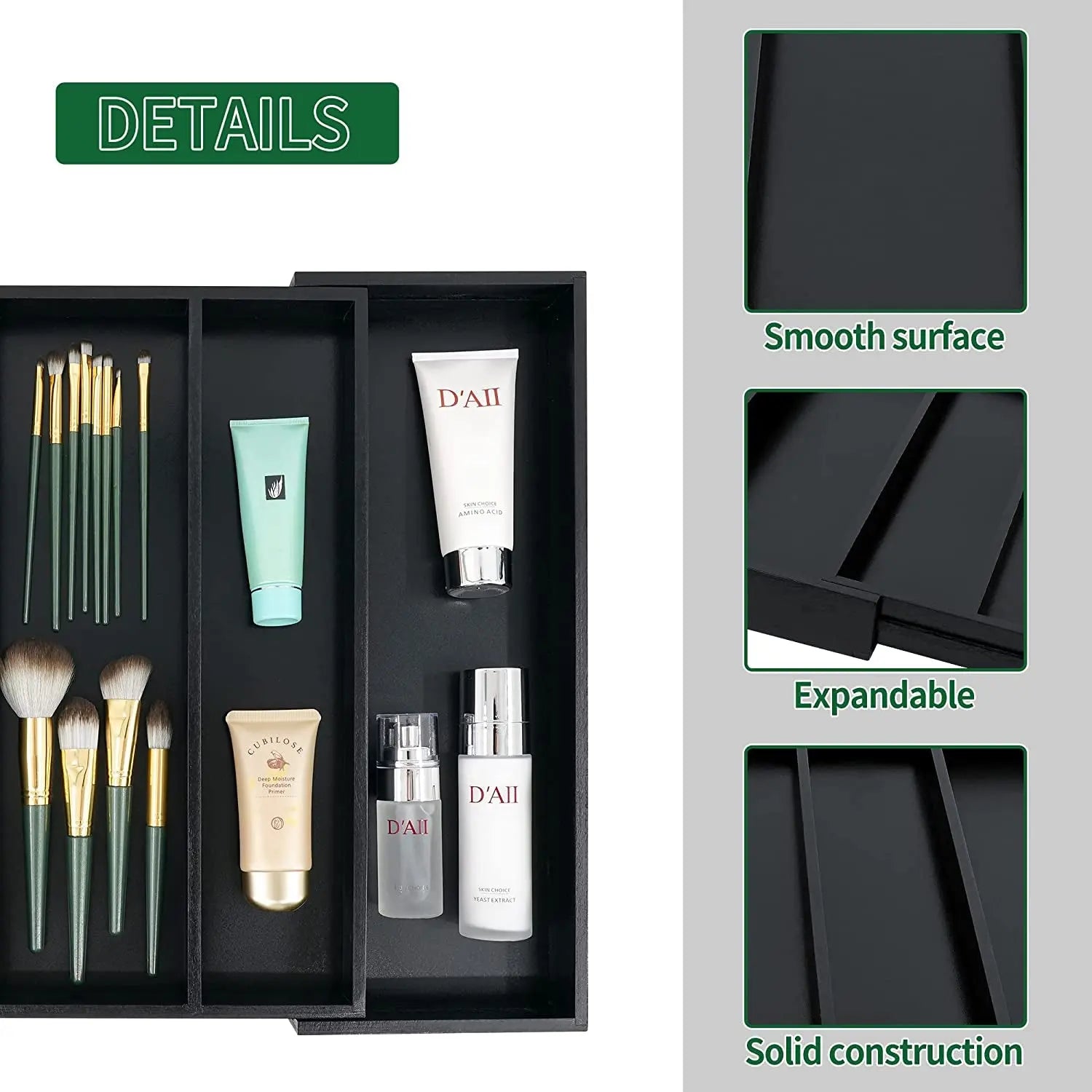 Bamboo Black Expandable Kitchen Drawer Organizer, Adjustable Utensil Holder and Cutlery Tray Organiser, Drawer Divider for Silverware, Flatware, Knives in Kitchen, Bedroom, Living Room