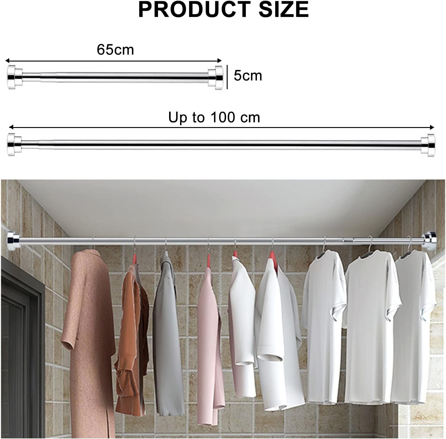 Shower Curtain Rod，Tension Curtain Rod,Stainless Steel Shower Curtain Telescopic Rod, Exemption of Punching Clothes, Wardrobe Rods, Bathroom Kitchen Balcony (60Cm)