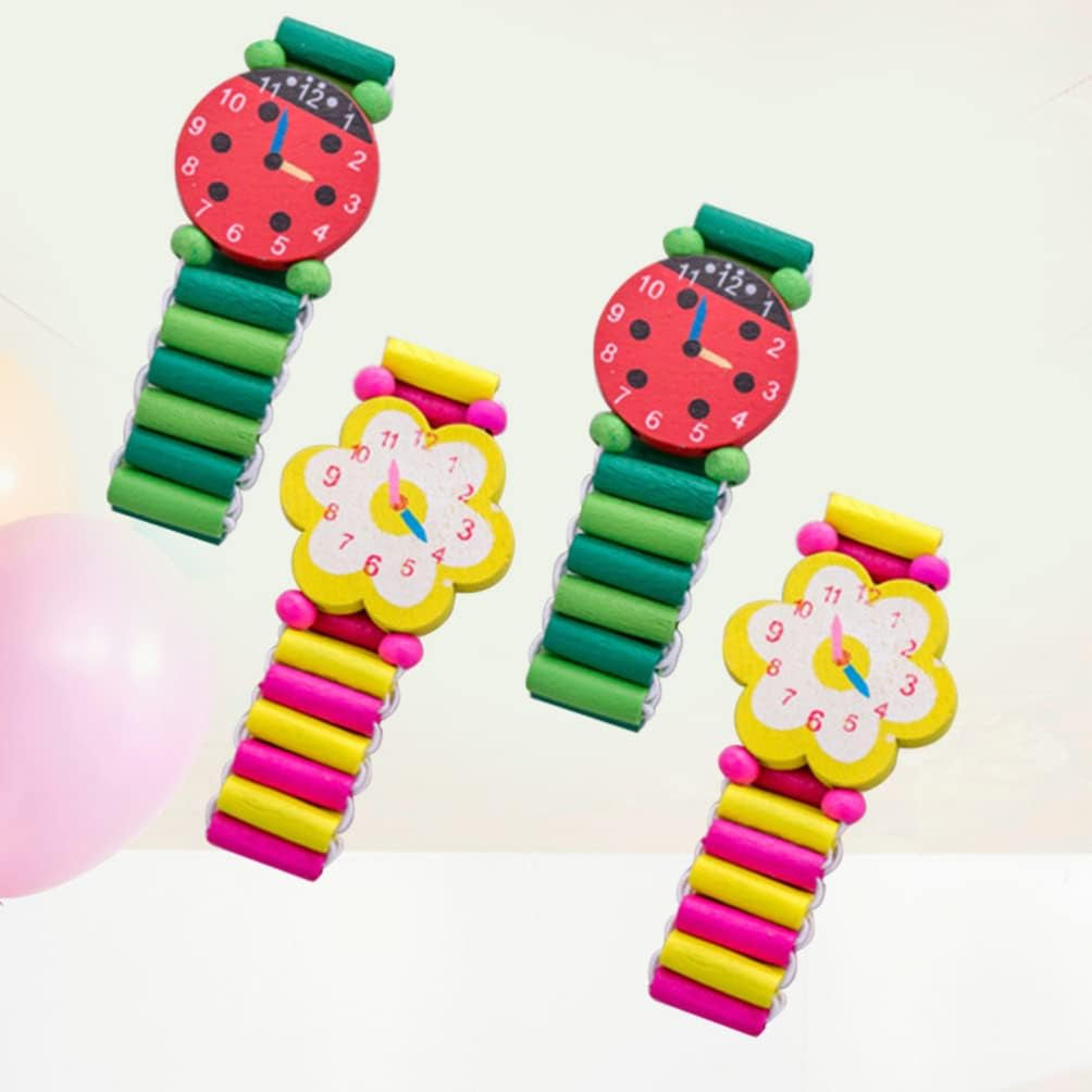 Kids Watches 4Pcs Kids Wood Watch Toy Stretchy Watches Fake Watch Wristband Bracelet Wristwatches for Boys Girls Random Styles and Colors Childrens Toys