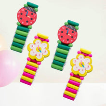 Load image into Gallery viewer, Kids Watches 4Pcs Kids Wood Watch Toy Stretchy Watches Fake Watch Wristband Bracelet Wristwatches for Boys Girls Random Styles and Colors Childrens Toys
