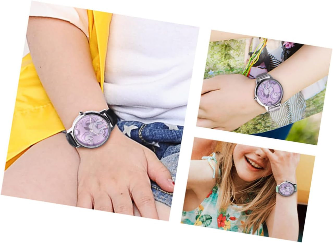 2Pcs Fashion Leather Gift Birthday Pink for Bands Kids with Device Time Unicorn Pattern Wrist Cartoon Watch Children