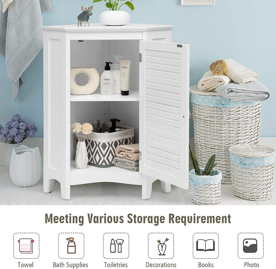 Corner Shutter Door Cabinet, Modern Bathroom Storage Oragnizer with Single Doors & 2 Shelves, Free-Standing Corner Storage Cabinet for Bathroom, Kitchen, Living Room, Bedroom, White