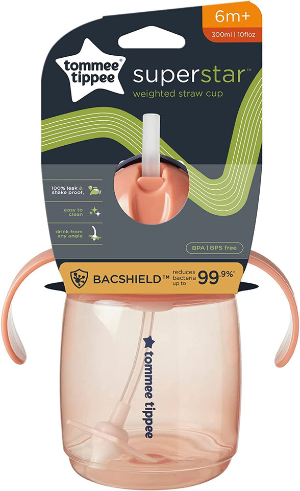 Superstar Weighted Straw Cup for Toddlers with INTELLIVALVE Leak and Shake-Proof Technology and BACSHIELD Antibacterial Technology, 300Ml, Pack of 1, Colours Vary