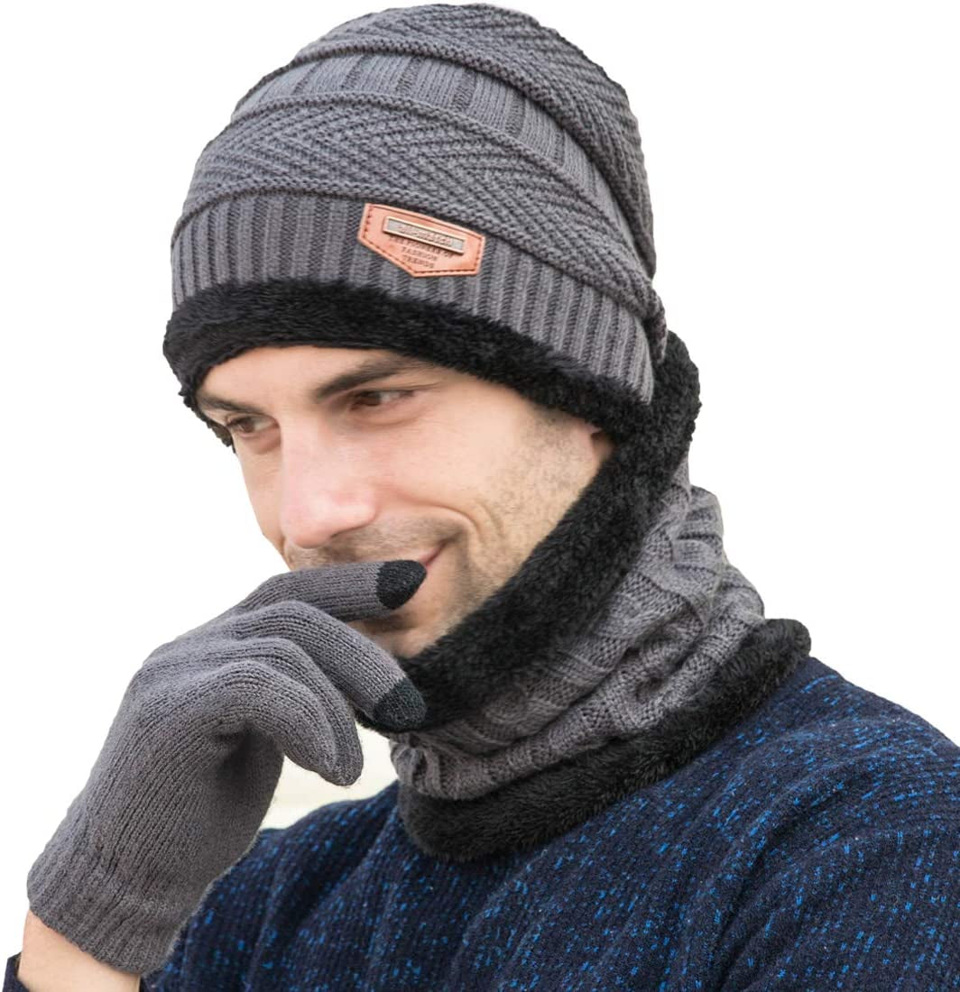 Beanie Hat Scarf and Touchscreen Gloves Set for Men & Women Stretch Warm Fleece Lining Cap(2Pcs / 3Pcs)