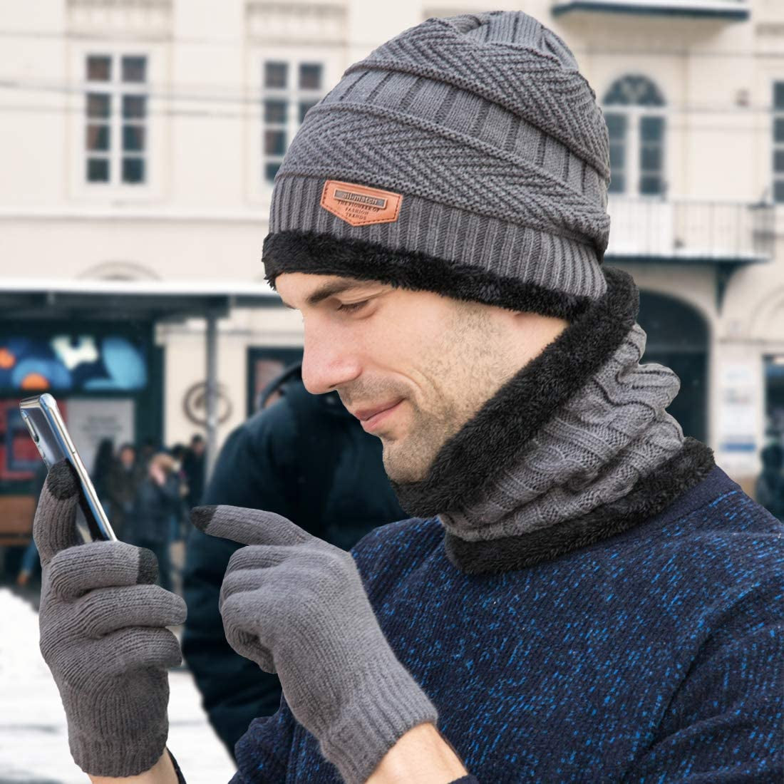 Beanie Hat Scarf and Touchscreen Gloves Set for Men & Women Stretch Warm Fleece Lining Cap(2Pcs / 3Pcs)